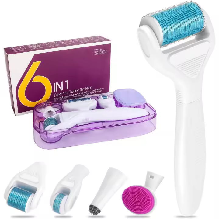 Kit Derma Roller, 6 en 1, microagujas de 0,25/0,5/1 mm, 12/300/720/1200 agujas, herramientas profesionales para la regeneración de la piel antienvejecimiento en rostro y cuerpo (negro) - 1