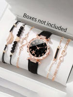 Set De Reloj De Cuarzo Para Mujer Con Estampado De Hoja Negra Y Pulsera De Pluma Negra Y Amor 6PCS Regalo Elegante Casual - details 0