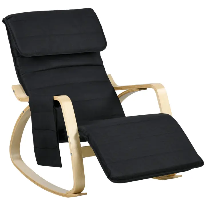 HOMCOM Sillón mecedor de lactancia, sillón lounge con reposapiés regulable, bolsillo lateral y reposacabezas, sillón mecedor para dormitorio, 67 x 110 x 91 cm negro - 1