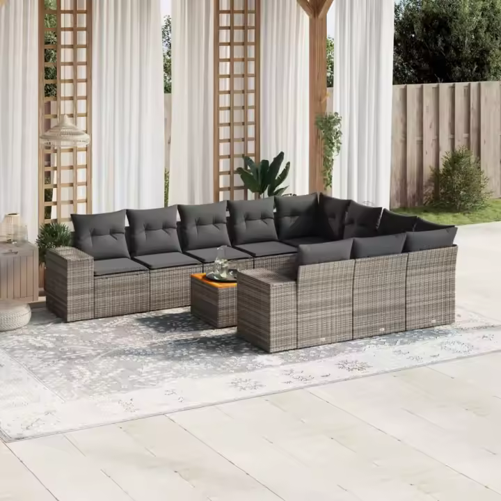 vidaXL Set de sofás de jardín 11 pzas y cojines ratán sintético gris - 1