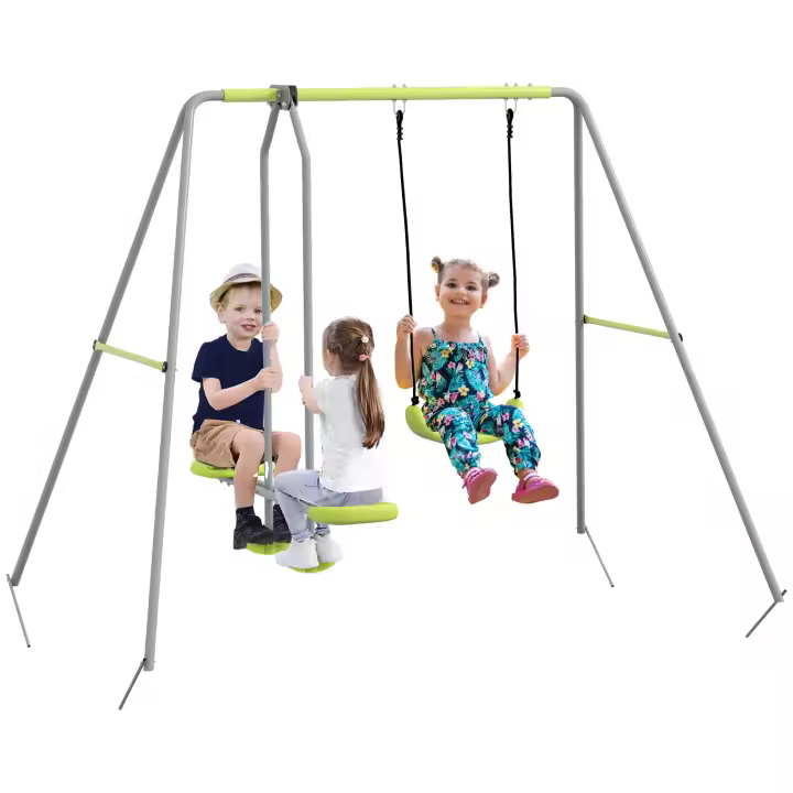 Outsunny Columpio para Niños Columpio Jardín Exterior con 1 Columpio Simple 1 Planeador y Anti-UV Columpio Infantil Carga 135 kg 255x160x180 cm Gris y Verde - 1