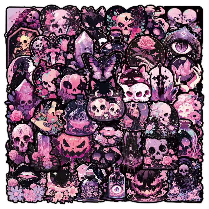 Pegatinas De Calavera Gótica Y Terror En Rosa Y Negra 10/30/50pcs Para Portátil Cuaderno Nevera Maleta Juguete Resistente Al Agua Accesorios Para Niños - 1