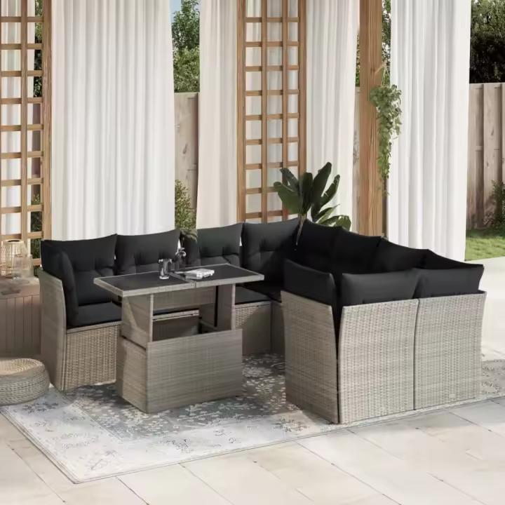 vidaXL Set muebles jardín 9 pzas y cojines ratán sintético gris claro - 1