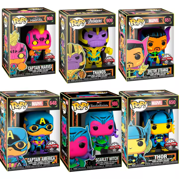 Funko PAck 6 Funkos Capìtan AMerica Thor  Doctor Strange Thanos Capitana Marvel Wanda Black Light Blacklight VEngadores Avengers CAptain  Funko Pop Vinyl - 1