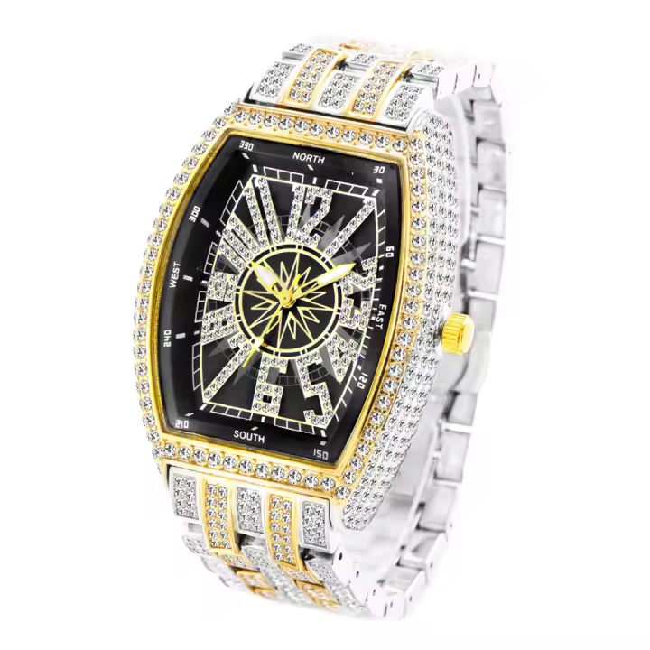 Reloj De Lujo Para Hombre Con Cristales Iced-Out Tonneau Dorado Reloj De Cuarzo Con Pulsera De Acero Inoxidable Moda Diamante Analog Clock - 1