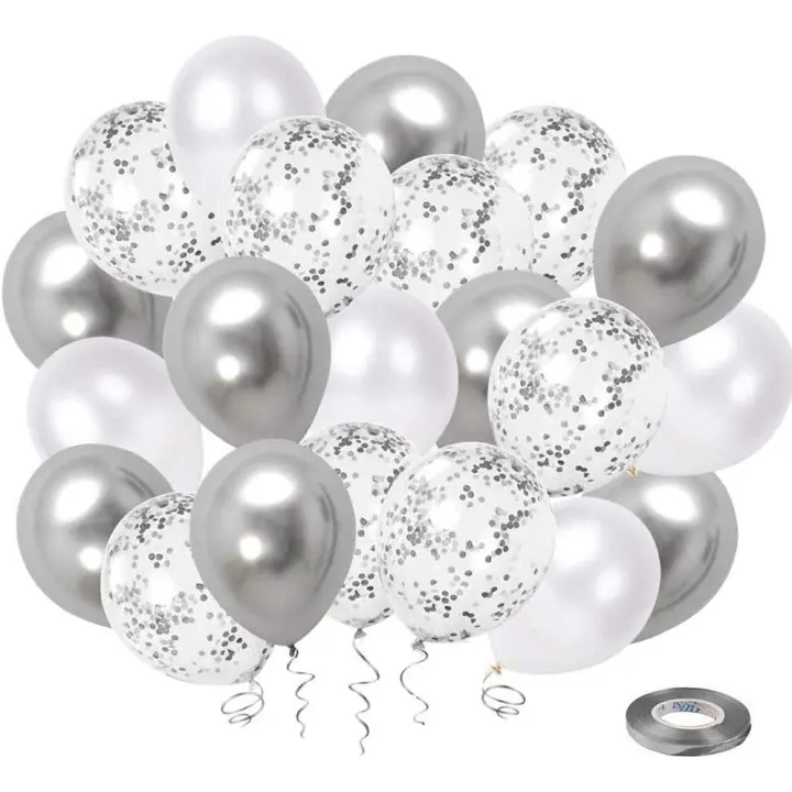 Ballon Argenté et Blanc UNOEYSAT 50 Pièces 30 cm Ballons Anniversaire Confettis Métallique Latex Ballon Kit con Ruban comme Mariage Garçons Anniversaire Baby Shower Baptême Fête Décoration - 1