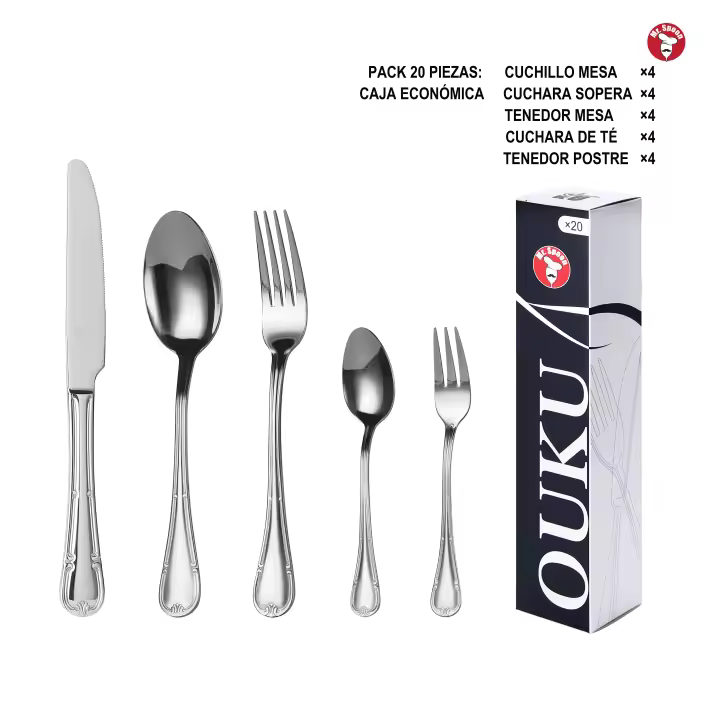 Mr.Spoon Serie Flores Juego 20, 30 o 36 piezas cubiertos,Acero Inoxidable18/0,Plateado,Económico y funcional,Incluye cuchillo carne o mesa,tenedor,cuchara,cucharilla,etc.Mango monobloque,Apto para lavavajillas,Empaque ecológico,Para casa,hotel,restaurante - 1