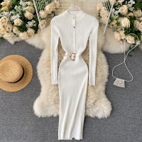 Vestido REALEFT De Punto Para Mujer Con Cuello Alto Y Mangas Largas Estampado Sólido Estilo Casual Vestido De Abrazo Largo Hasta La Rodilla Para Otoño E Invierno - details 5
