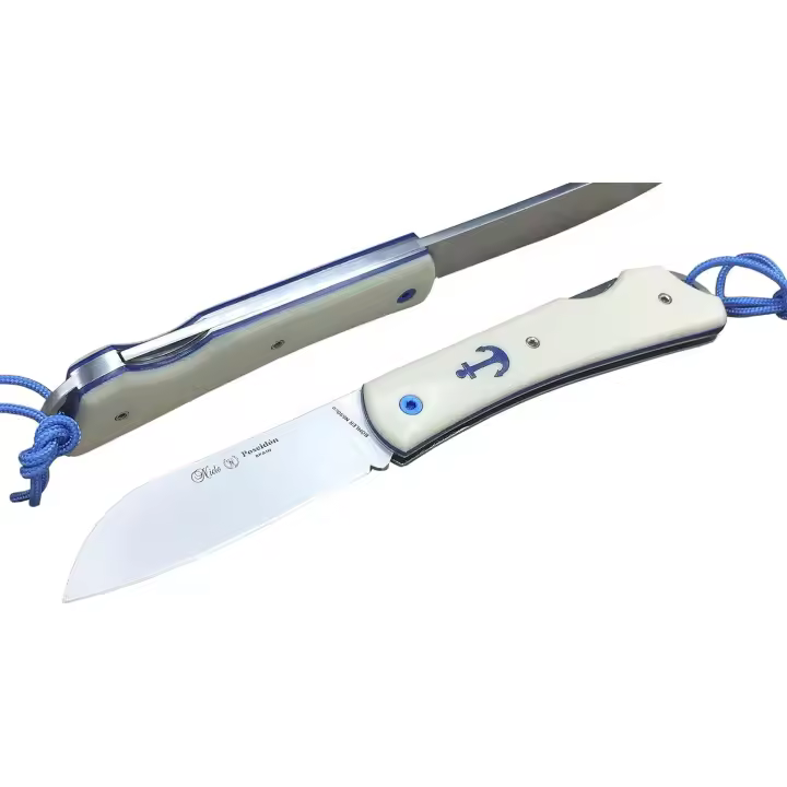 Navaja MIGUEL NIETO Marinera Poseidón 168-W, con hoja en acero inox. Böhler N690co de 8,5 cm. y empuñadura en Mikarta Hueso, con separadores de fibra Azules, Hueco con cordón fiador incluido - 1