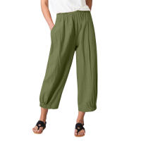 Pantalones Anchos De Algodón Para Mujer En Color Sólido Con Cintura Elástica Y Bolsillos Estilo Casual Vintage Streetwear - details 3