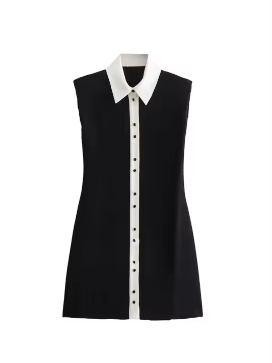 TRAFZA Vestido Mini Para Mujer Sin Mangas Estilo Casual Con Botones Y Patchwork Aline Slim Para Oficina Y Commutación - 1