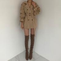 REALEFT Nueva Trencha De Mujer Marrón Gris Minimalista Otoño Invierno Con Cinturones Cuello En V Doble Botón Manga Flared Abierta Por Encima - details 1