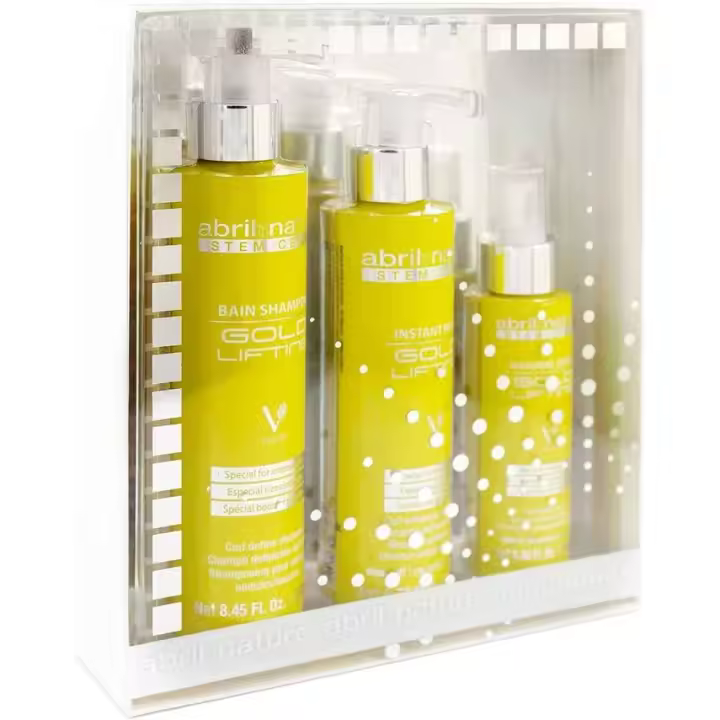 abril et nature - Set de Cuidado Capilar Gold Lifting - Definición de Rizos, Anti-Encrespamiento y Rejuvenecedor - Pack Champú, Mascarilla y Sérum para el pelo - Cabellos Rizados u Ondulados - 550 ml - 1