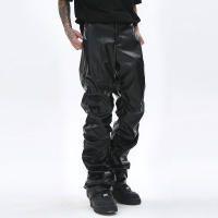 Pantalones De Cuero PU Para Hombre Estilo Hip Hop Harajuku Retro Callejero Casual Ruched Pleated Color Sólido Negro Talla Grande - details 3