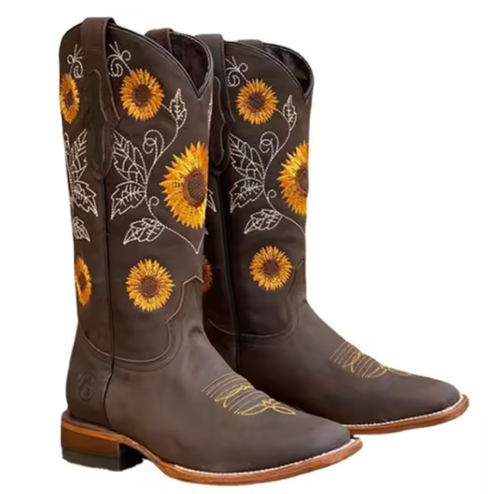 Botas De Cuero Marrón Para Mujer Invierno Moda Comodidad Exterior Bordado Botines Altura Media Casual Zapatos De Tacón Bajo Redonda - 1