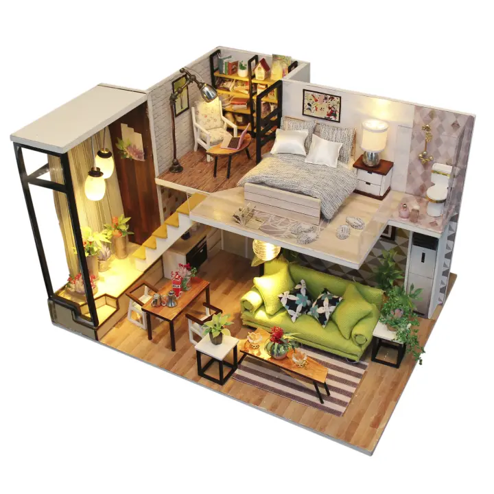 DAM. Habitación Escandinavia Romántica. Maqueta 3D realista con gran detalle y luces led. 26x20x17cm. - 1
