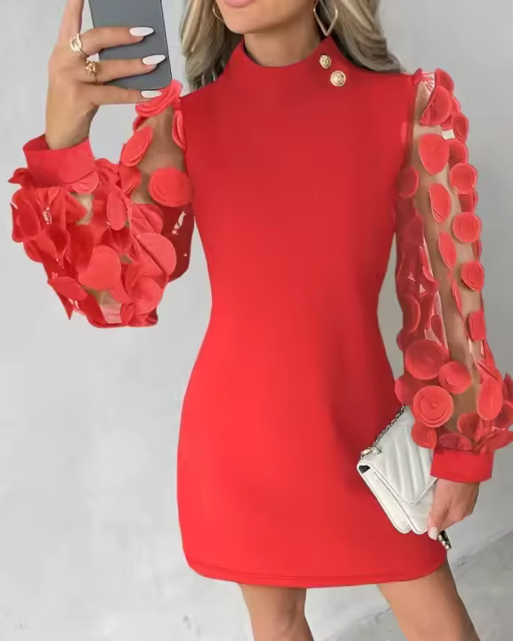 Vestido Elegante De Mujer Con Encaje Y Manga Larga Para Otoño E Invierno Cuello Redondo Slim Fit De Poliéster - 1