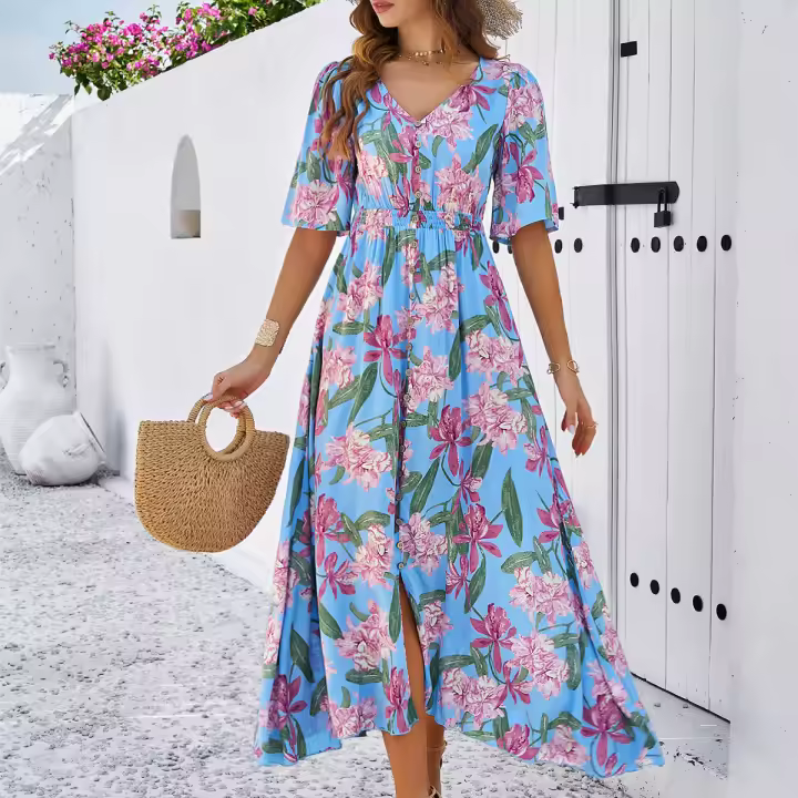 2024 Spring and Summer Vacation Casual Printed Slit Dress - 1