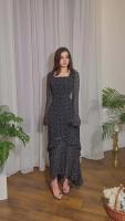 Vestido Maxi De Mujer Elegante Y Fresco Con Puntos Asimétrico Y Manga Larga Detalles De Cinturón Slim A-Line De Chiffon - details 5