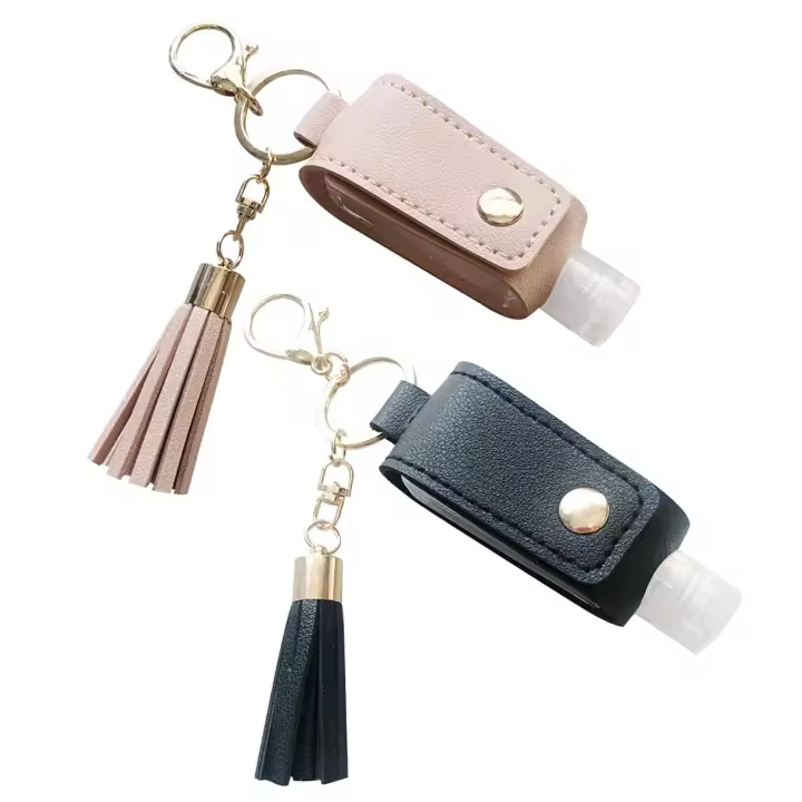 2 botellas de viaje con clave y Funda de cuero para desinfectante de Manos, rellenable, a prueba de fugas, ideal para Viajes al Aire Libre y escolares - 1