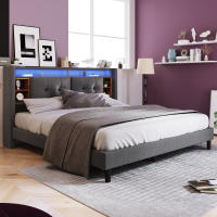 Cama tapizada Cabecero de Cama Doble with Almacén Marco de Cama with USB de carga e iluminación LED Somier de lámparas de Madera, 140*200CM Gris (sin colchón) - details 1