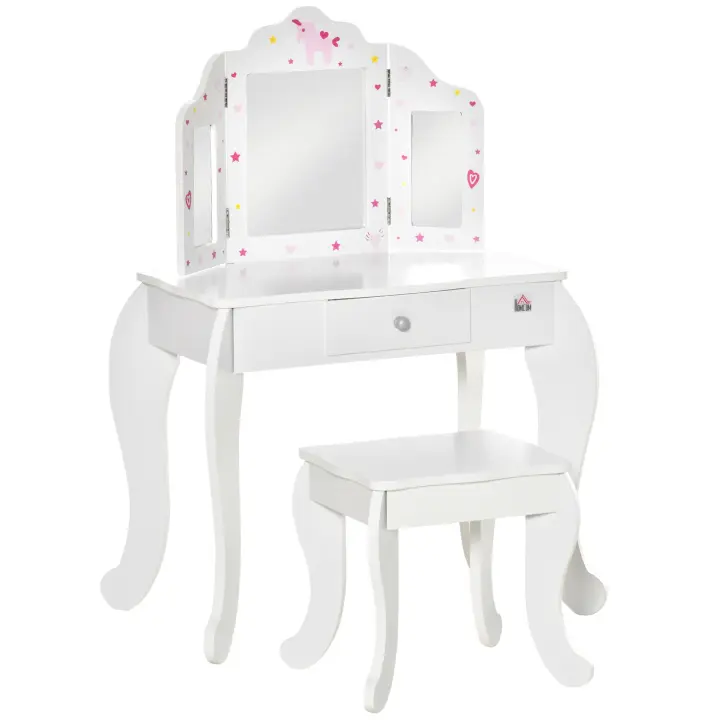 HOMCOM Tocador Infantil con Taburete y Espejo Ajustable, Tocador para Niñas con Cajón, Mesa de Maquillaje para Niños y Niñas de 3-6 Años, Blanco - 1