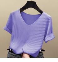 Camiseta De Mujer De Verano Con Cuello En V Y Manga Corta Tejida En Color Negro Y Naranja Estilo Slim Para Ocio Casual - details 8