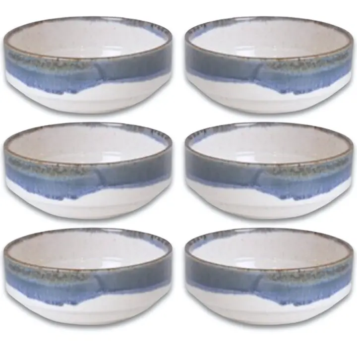 Set de 6 Cuencos de Cerámica 400 ml - Diseño Artesanal con Acabado en Tonos Azul y Blanco - Ideales para Sopas, Ensaladas y Postres - Resistentes y Aptos para Microondas y Lavavajillas - No Pierden Co - 1