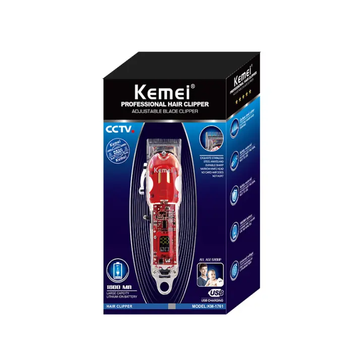 Cortadora de pelo KM-1761, cuerpo transparente, cuchilla ajustable, carga rápida por USB, alta potencia, cortadora de pelo eléctrica profesional para peluquería. - 1
