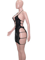 Beyprern Vestido Mini De Crystals Negro Con Lámpara Y Corte En X Para Mujer Verano Espalda Descubierta Con Lentejuelas Traje De Noche Para Cumpleaños - details 1