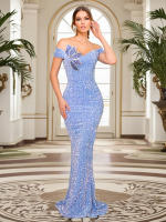 Vestido De Noche Elegante Con Cristales Y Lentejuelas off the Shoulder Para Mujer Vestido Bodycon De Largo Floor Length Para Fiesta Y Premios - details 3