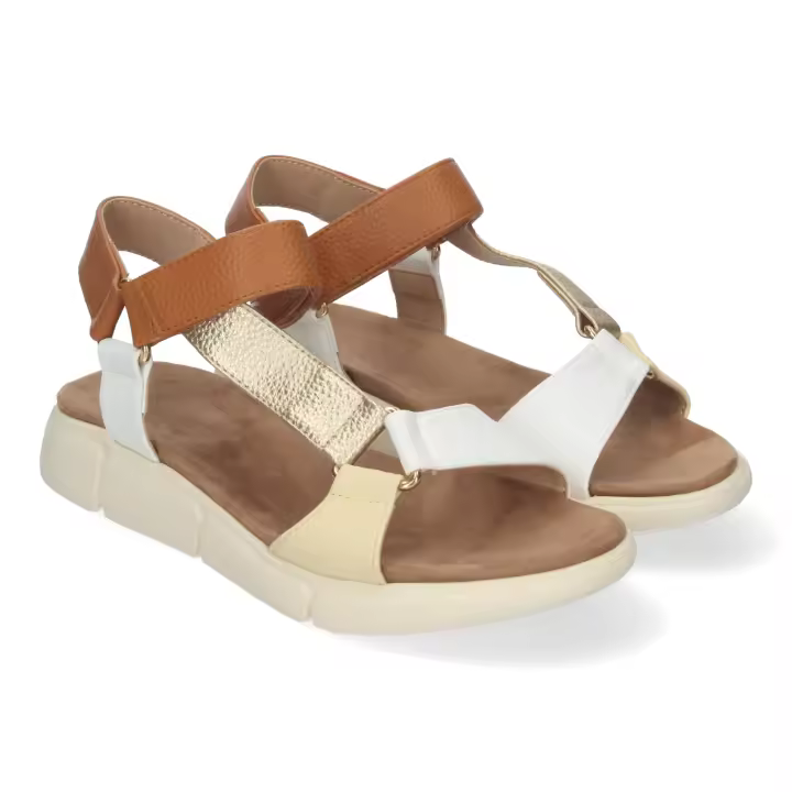 Davinia Shoes Sandalias Planas de Mujer, Comodas y Elegantes, Diseño Moderno con tiras multicolor y Cierre Comodo de Velcro. Shoes&Blues.es AD-3269-Oro - 1