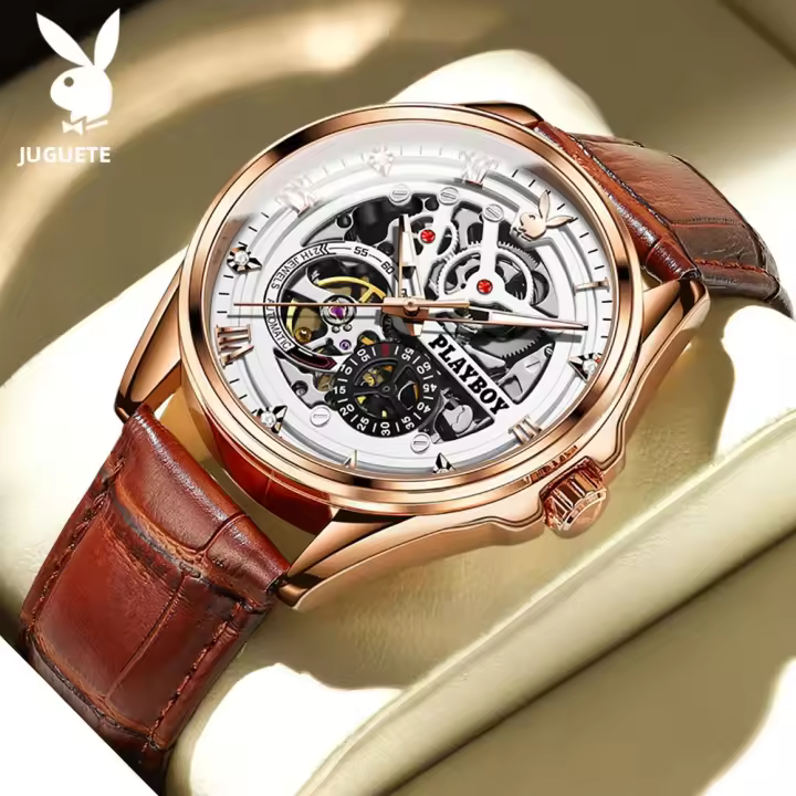 Reloj De Moda PLAYBOY Para Hombres Acero Inoxidable Automático Mecánico Reloj De Mano Con Numeros Romanos Resistente Al Choque Y Luz - 1