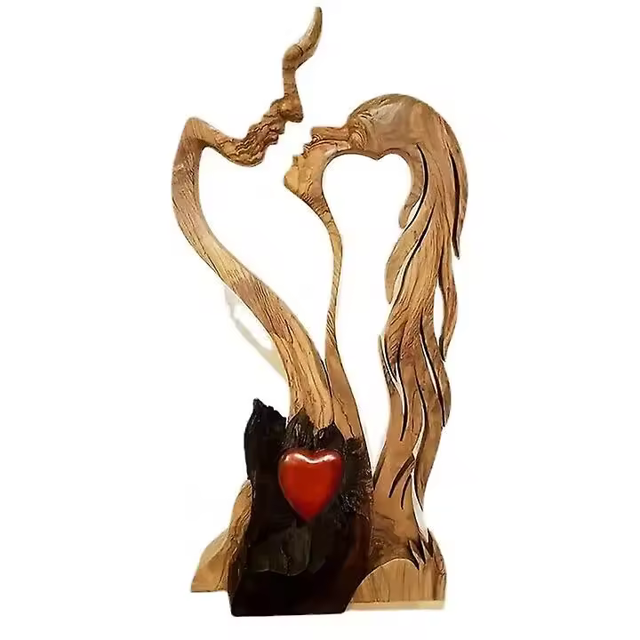 Amor Eterno Pareja Estatua De Madera Adorno Amante Besar Artesanía - 1