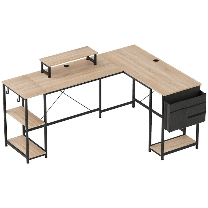 HOMCOM Escritorio de esquina modular reversible, escritorio con almacenaje 168-240 cm estilo industrial - estante ajustable, bolsa de almacenaje, soporte de pantalla, escritorio de ordenador para 2 personas, madera natural - 1