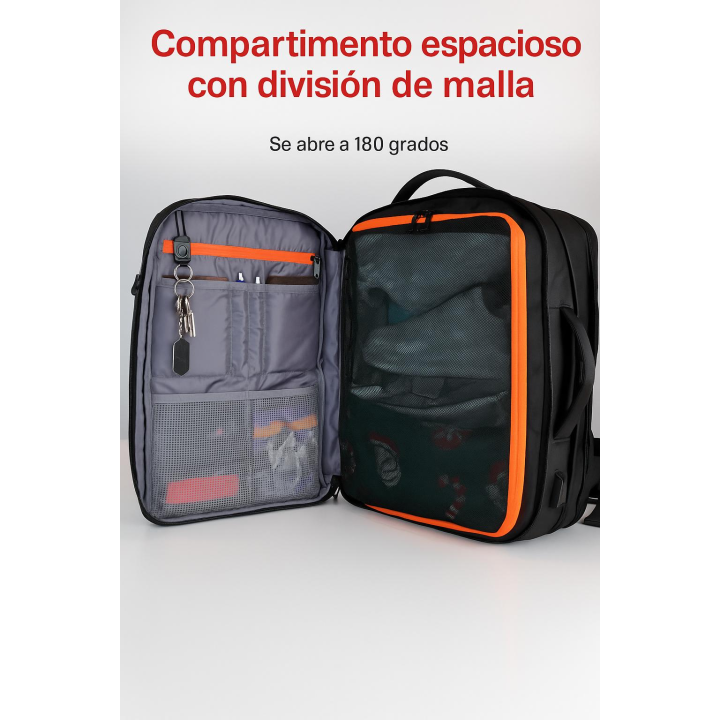 Mochila de Viaje VORTA para Portátil, Equipaje de Mano, Trabajo y Universidad Expandible  Puerto USB – Multifuncional  – Compartimentos para Ropa, Laptop y Documentos – Apta para Cabina en avión Hombre Mujer – Maletín 2 en 1