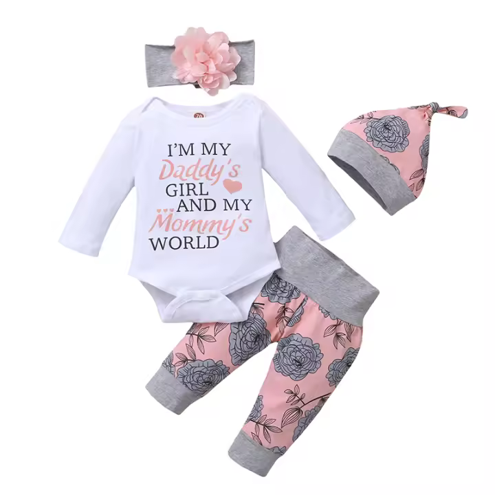 Conjunto De Ropa Para Bebés Niños 0-18 Més Con Romper De Manga Larga Rosa Sombrero Y Diadema 4PCS Ropa De Primavera Para Niños Recién Nacidos - 1