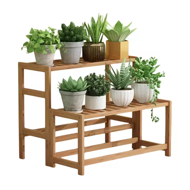 Estantería de Bambú para plantas y macetas, organizador de balcón, de jardín. Organizador diseñado de 2 niveles y  3 niveles - 1