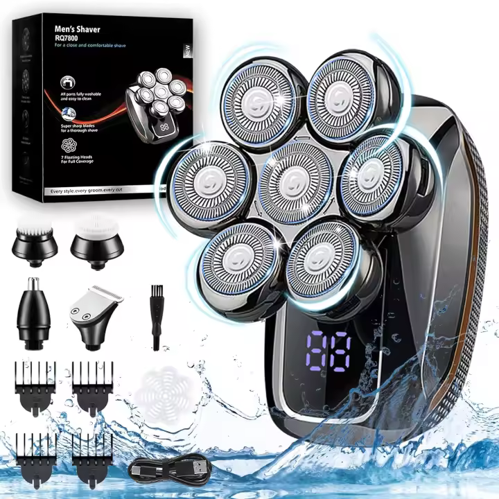 Men's Electric Shaver, 5 in 1 Bald Head Shaver, Rotating USB Rechargeable Bald Razor Set, Waterproof and Dry Floating 7D, Nose Shaver with LED Screen and Face Brush - 1