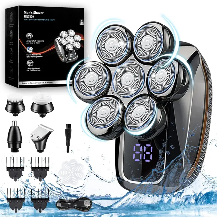 Men's Electric Shaver, 5 in 1 Bald Head Shaver, Rotating USB Rechargeable Bald Razor Set, Waterproof and Dry Floating 7D, Nose Shaver with LED Screen and Face Brush - 1