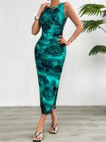 Vestido Slimming Sin Mangas Estampado De Moda Para Mujer Primavera Verano 2024 Cuello Redondo Con Rotura A-Line De Pierna Larga Estilo Playa - details 19