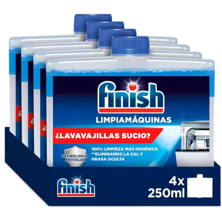 Finish Líquido para Lavavajillas, Limpia lavavajillas contra el mal olor, la cal y la grasa del lavaplatos, 250 ml x 4 - 1