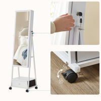 Espejo joyero completo, cajón con cierre, estante y ruedas, portátil, ideal para regalo, disponible en marrón rústico o blanco - details 2