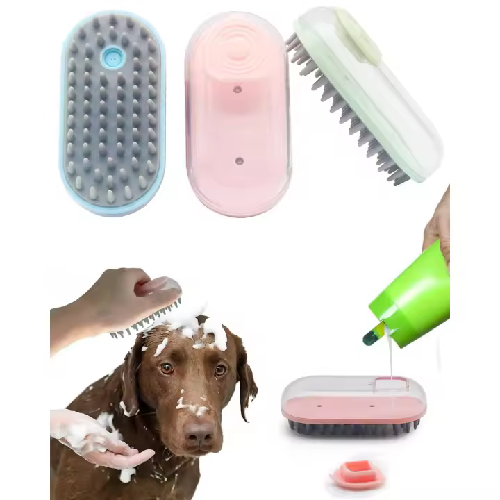 Verde Cepillo de Baño para Perros con Dispensador de Champú y Cerdas Combo - Lavado Fácil y Cómodo para Todo Tipo de Mascotas - Masaje de Goma con 65 Unidades de Cerdas de Silicona Medianamente Suaves - 1