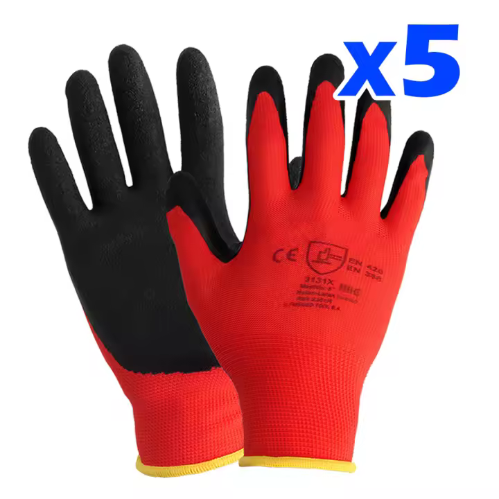Pack de 5 pares guantes de trabajo gripflex antideslizantes. Talla 6, 7, 8, 9 y 10. Nylon con recubrimiento de látex rugoso | Suministros Castro - 1