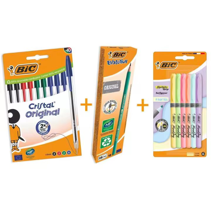 BIC Pack Estudiantes - 10 bolígrafos BIC Cristal de colores surtidos, 6 subrayadores pastel Highlighter Grip y 12 lápices de grafito HB - 1