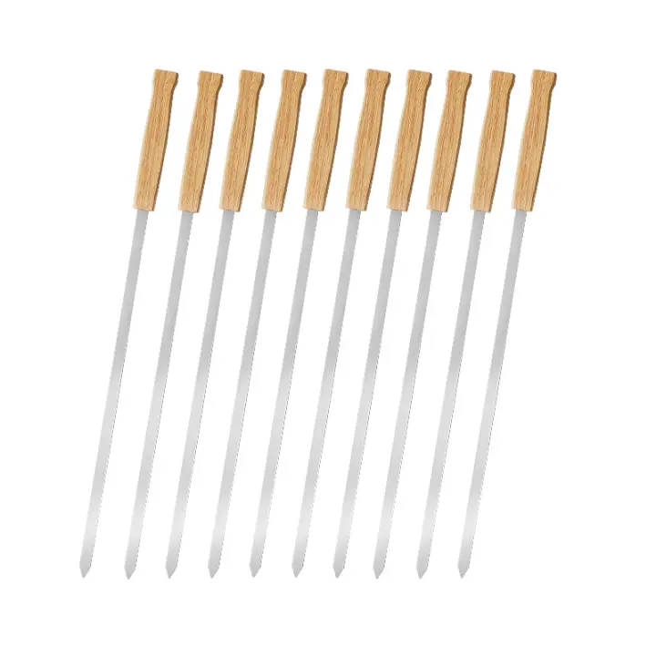 Mov-Brochetas de barbacoa de acero inoxidable con mango de madera, brochetas planas, brochetas de barbacoa, brochetas de cordero a la parrilla, brochetas de barbacoa para acampar al aire libre - 1