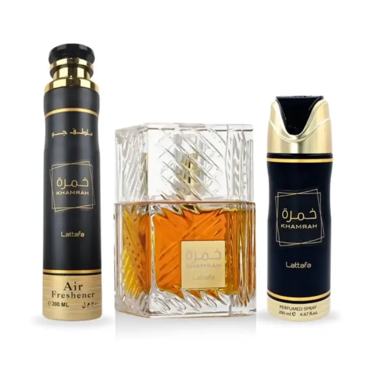 Lattafa Khamrah Set de Regalo Eau de Parfum 100ml + Desodorante 200ml + Ambientador 300ml Unisex - 1