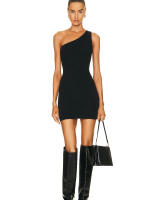Vestido Mini De Verano Simple Negro Un Hombro Con Estiramiento Slim Moda De Vacaciones Asimétrico Sin Mangas Cierre De Cremallera - details 0