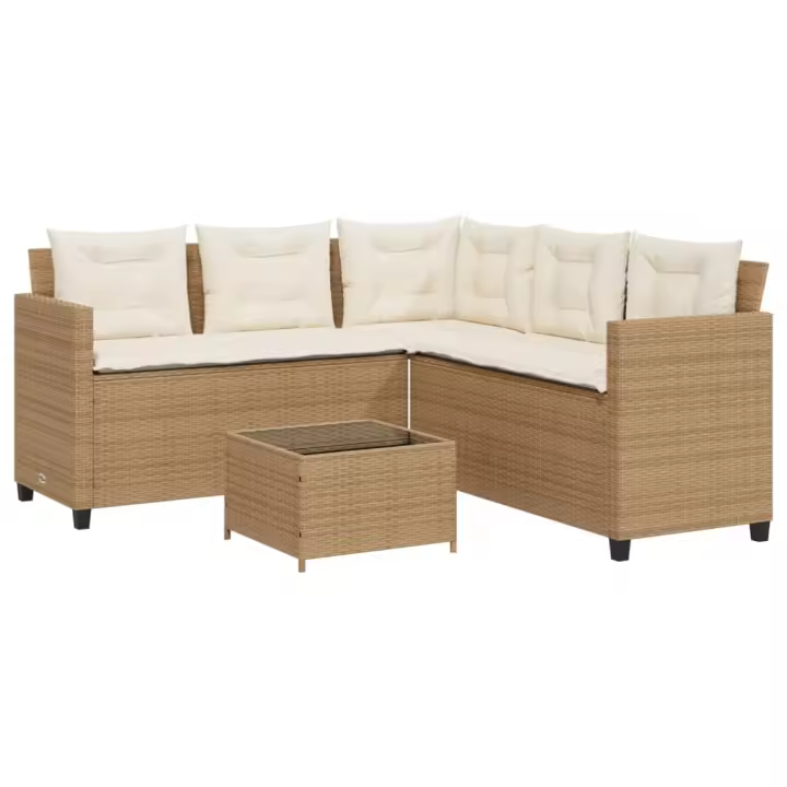 vidaXL Sofá de jardín en forma de L con mesa y cojines ratán PE beige - 1